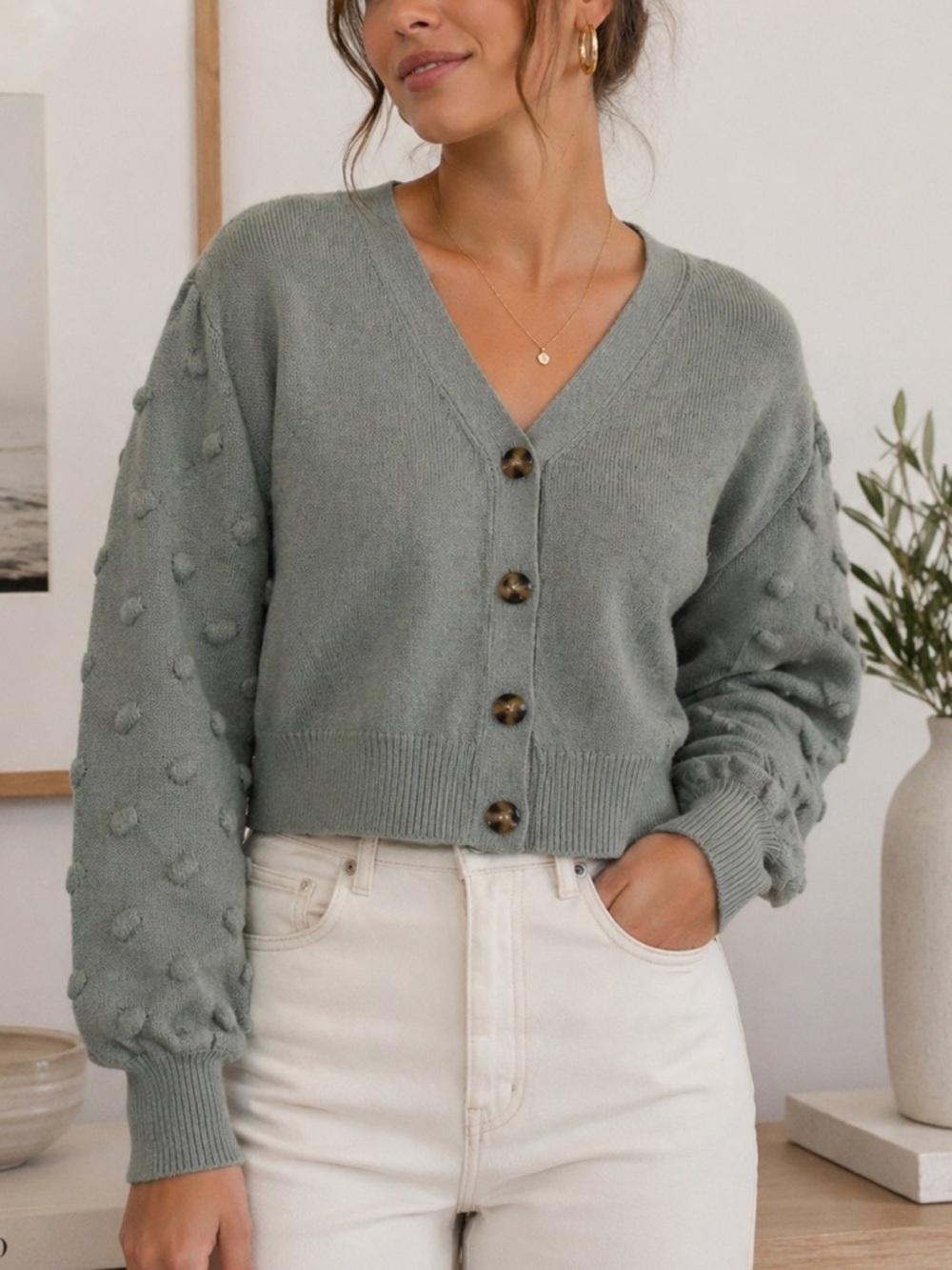 Moon and Madison Sage Green Textured Puff Sleeve Knit Cardigan Cropped Fit, M
